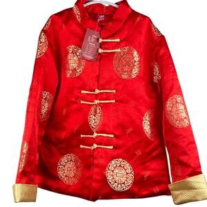 Yitang Chinese New Year Jacket Size 120 5T Gold Embroidery Red Silk Brocade